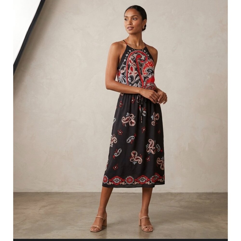 Loft Paisley Print Sleeveless Midi Dress size m M With Drawstring Waist & Keyhol